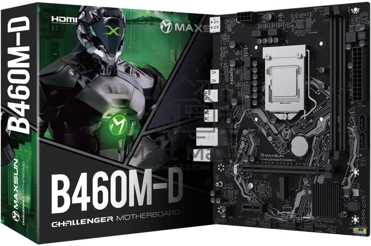 Материнская плата Maxsun Challenger B460M-D, LGA 1200, Intel B460, 2xDDR4, 2xSATA, 1xM.2, 1xPCIe 3.0 x16, 1xPCIe x1, 1xHDMI, 1xDP, 1x1Gb LAN, 2xUSB-A 5Gbps, 4xUSB-A 2.0, 3x3.5 мм, 7.1, mATX