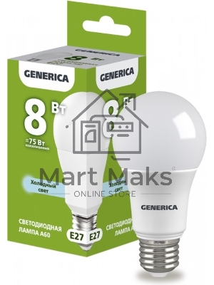 Лампа светодиодная A60 груша 8Вт 230В 6500К E27 GENERICA