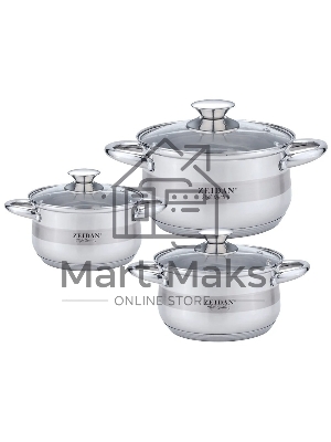 Набор посуды Zeidan Z-50632 6 предм.: кастрюля с/кр 2,0 л (16 см), кастрюля с/кр 3,0 л (18 см), кастрюля с/кр 4,0 л (20 см), нержавеющая сталь, комбинированная полировка снаружи, зеркальная полировка внутри, шкала литража, крышки - стекло, 5-ти СТЕПОВОЕ К