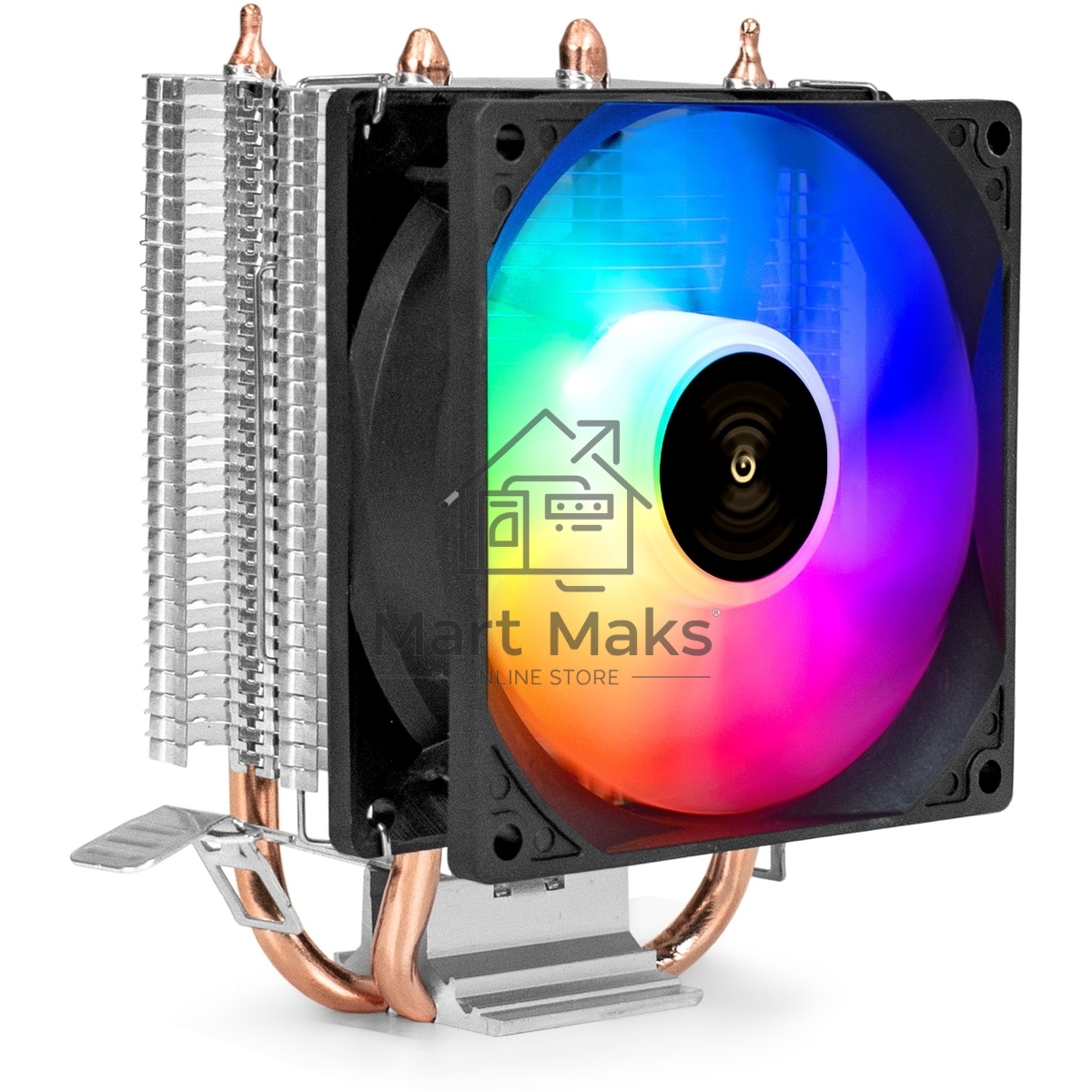 Кулер ExeGate Wizard EXX200-PWM.RGB (Al+Cu, 2 тепл.трубки, LGA775/1150/1151/1155/1156/1200/1700/1851/AM2/AM2+/AM3/AM3+/AM4/AM5/FM1/FM2/754/939/940, TDP 95W, Fan 90мм, PWM, 800-2400RPM, Hydro bearing, 4pin, 11-24db, 305г, RGB подсветка, с термопастой, на защелках, RTL)