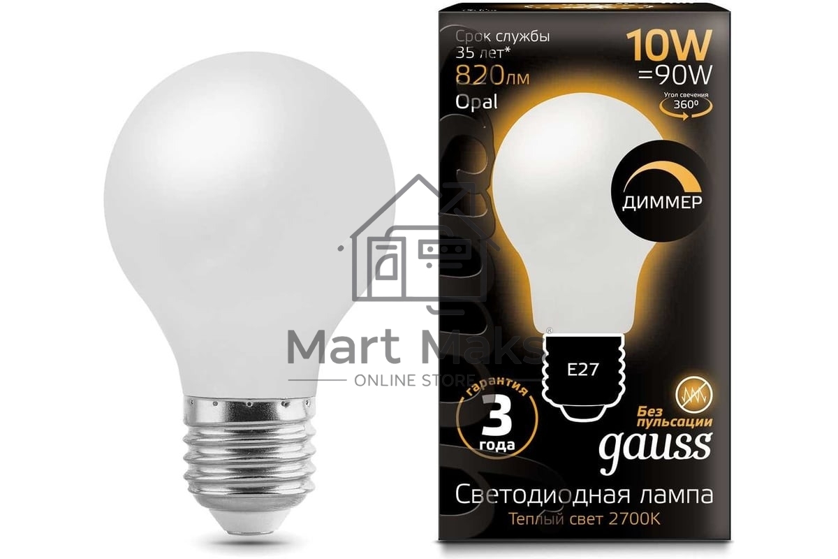 Светодиодная лампа LED GAUSS 102202110-D Filament A60 OPAL dimmable E27 10W 820lm 2700К 1/10/40