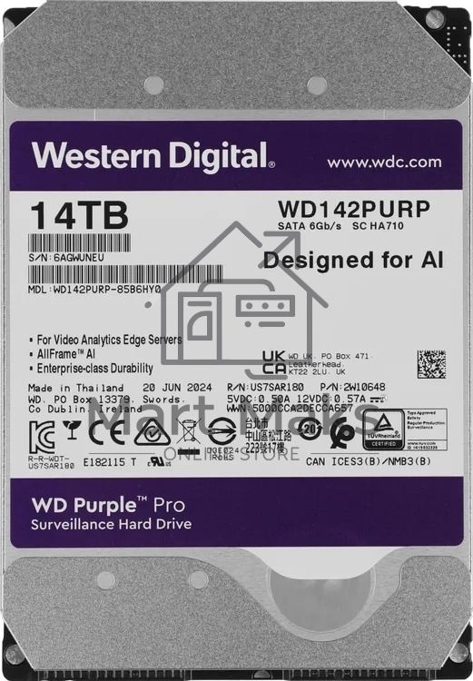 Жесткий диск HDD WD Purple Pro 14Tb 7200rpm SATA 512Mb 3.5