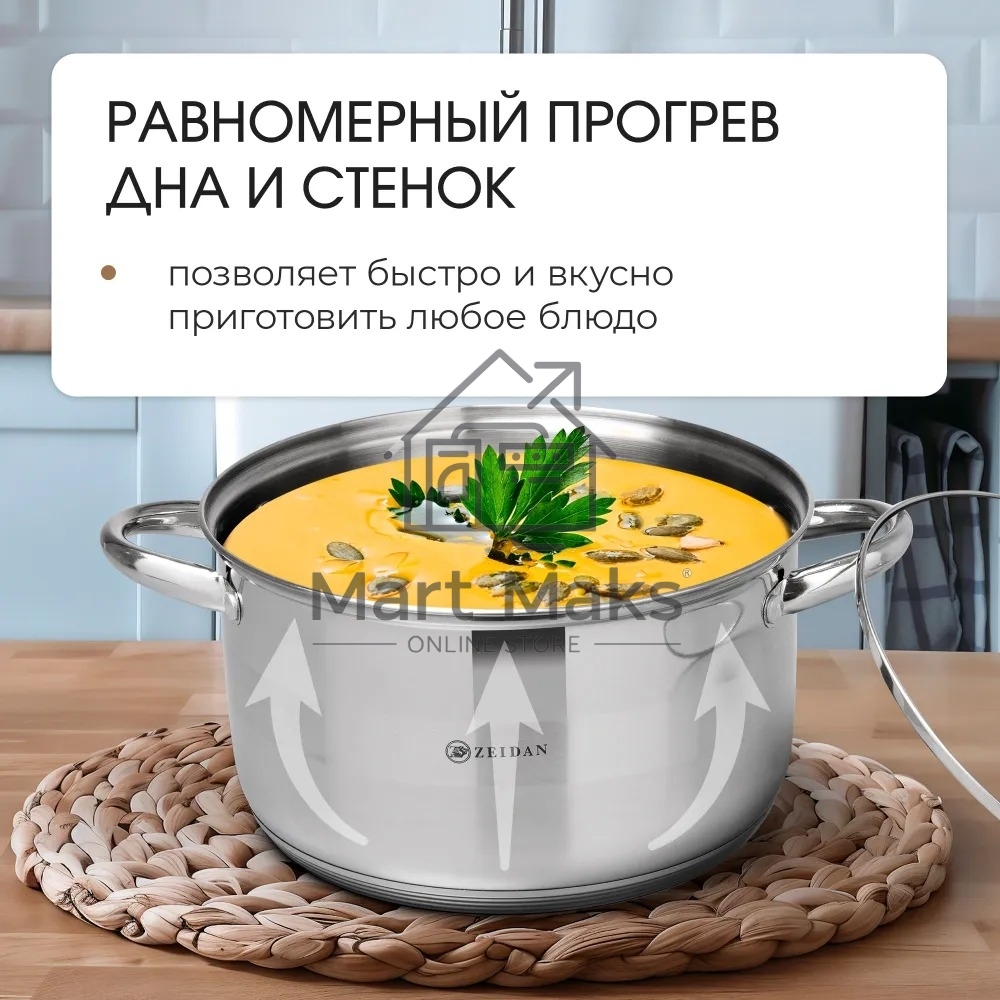 Набор посуды Zeidan Z-50632 6 предм.: кастрюля с/кр 2,0 л (16 см), кастрюля с/кр 3,0 л (18 см), кастрюля с/кр 4,0 л (20 см), нержавеющая сталь, комбинированная полировка снаружи, зеркальная полировка внутри, шкала литража, крышки - стекло, 5-ти СТЕПОВОЕ К