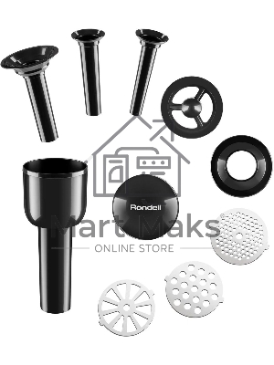 Мясорубка электрическая Rondell 1451-RE-01 серебристый/черный, 2300 Вт, 2.0 кг/мин, реверс, защита от перегрузки, металлический лоток, насадки - 5