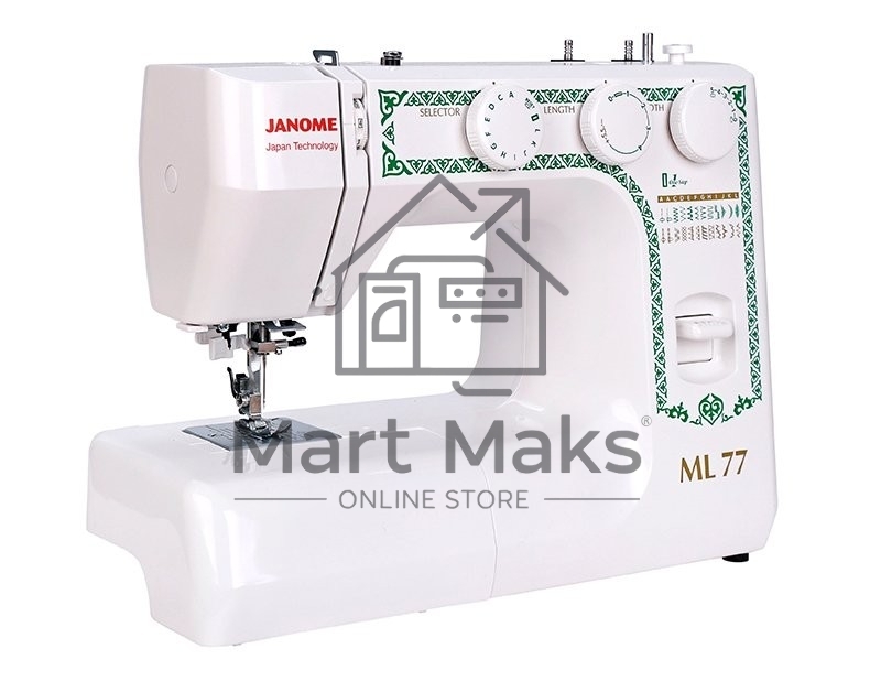Швейная машина Janome ML 77, 25 операций, петля автомат, вертикальный челнок, нитевдеватель, регулятор длины и ширины строчки, отключение нижнего транспортера