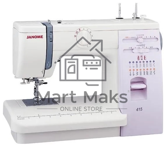 Швейная машина Janome 415 15 операций, вертикальный качающийся челнок, полуавтоматическое выполнение петли, автоматический нитевдеватель, регулировка длины стежка до 4 мм, ширины зигзага до 5 мм, регулятор натяжения верхней нити, рычаг обратного хода, лег