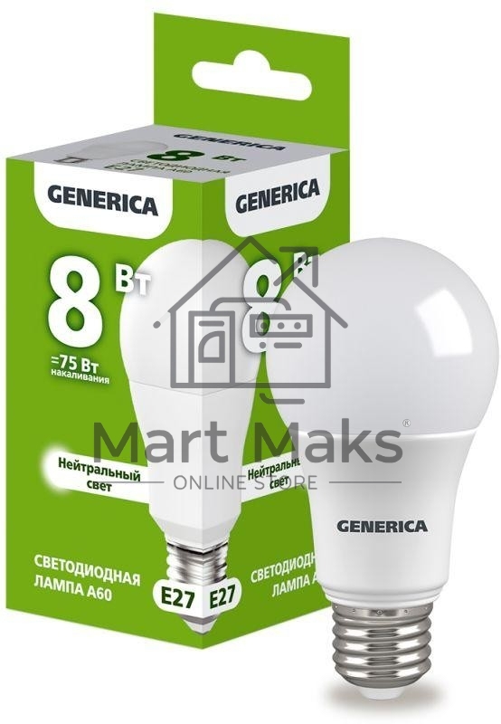 Лампа LED A60 IEK LL-A60-08-230-40-E27-G груша 8Вт 230В 4000К E27 GENERICA