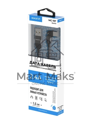 Кабель Maxvi MC-19T black, USB-A - Type-C, 2.4A, LED ток макс. нагрузки 2.4А, макс. напряжение 5V; стандарт USB 2.0; длина кабеля 1.5м, нейлоновая оплетка, металлические корпуса разъемов,LED подсветка, цвет: черный