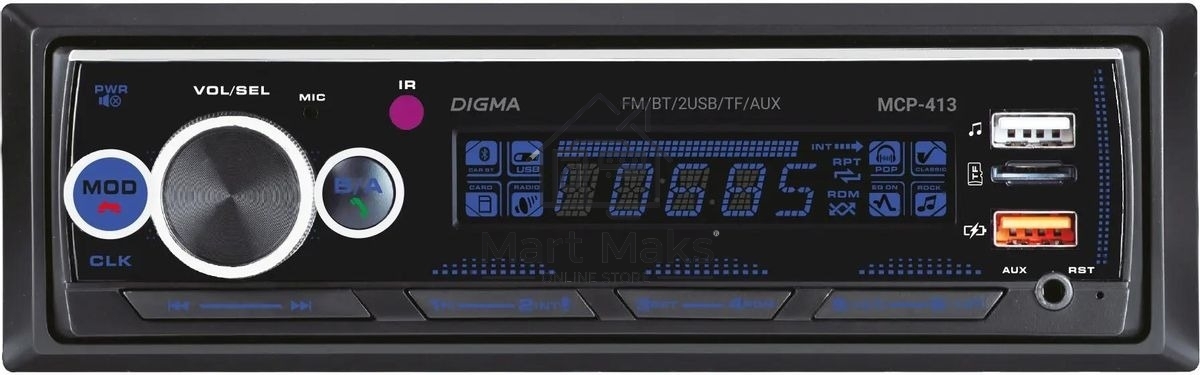 Автомагнитола Digma MCP-413, 1 DIN, Bluetooth, USB Type-A, AUX, пульт ДУ