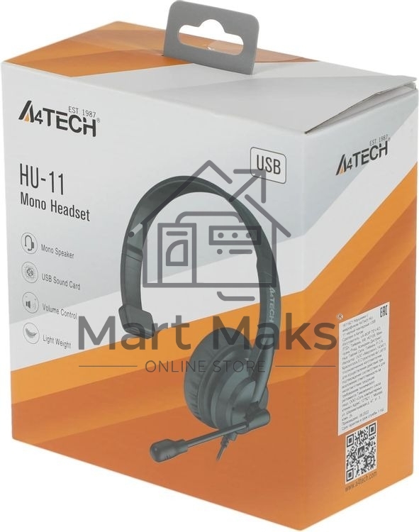 Гарнитура проводная с микрофоном A4Tech HU-11 черный 2м накладные USB оголовье