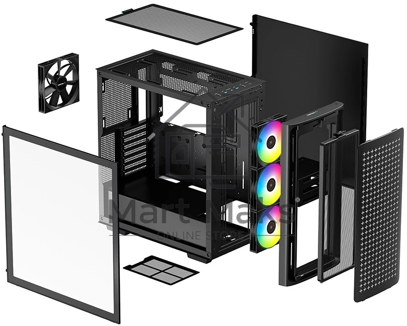 Компьютерный корпус Deepcool CK560 без БП, боковое окно (закаленное стекло), 3xARGB LED 120мм вентилятора спереди и 1x140мм вентилятор сзади, черный, ATX