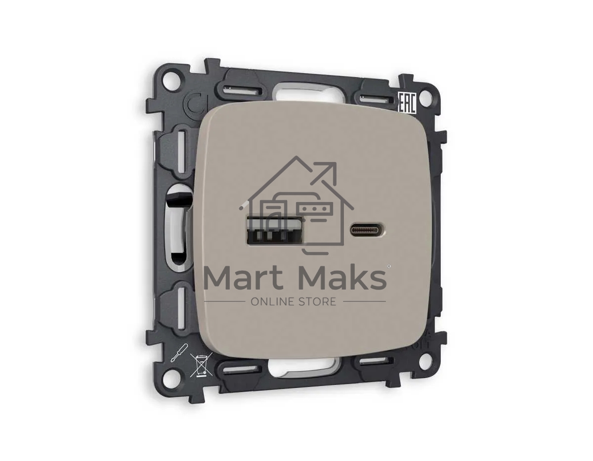 Комплект механизма розетки OMEGA Серо-бежевый матовый 2USB A+C 20W (быстрая зарядка) QUANT (OP3710, VM177) MO371010