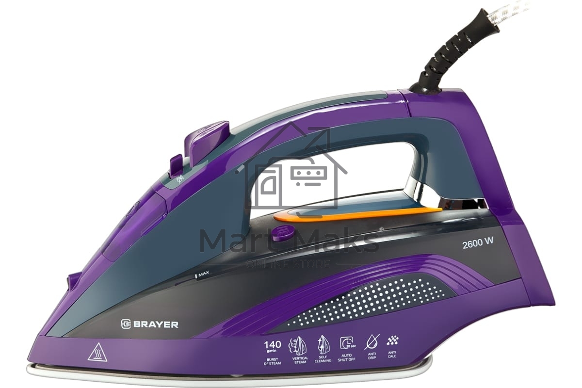 Утюг BRAYER, 2600 Вт, керамическое покрытие, автоотключение, Пар 140 г/м, One temp, антикапля, спрей, самоотчистка