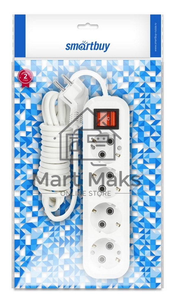 Удлинитель Smartbuy (SBE-16-4-02-ZS) 4 гнз х 2,0 м (16А/3.5кВт, ПВС 3х1.0)