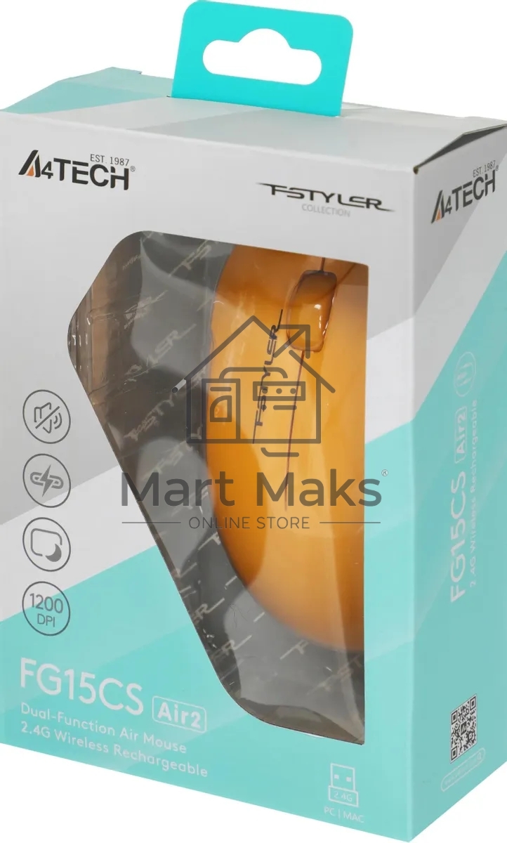 Мышь беспроводная A4Tech Fstyler FG15CS Air2 желтый, 1200 dpi, радиоканал, USB, кнопки - 3