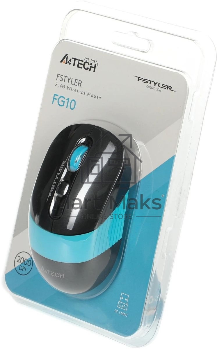 Мышь беспроводная A4Tech Fstyler FG10 черный/синий, 2000 dpi, радиоканал, USB, кнопки - 4
