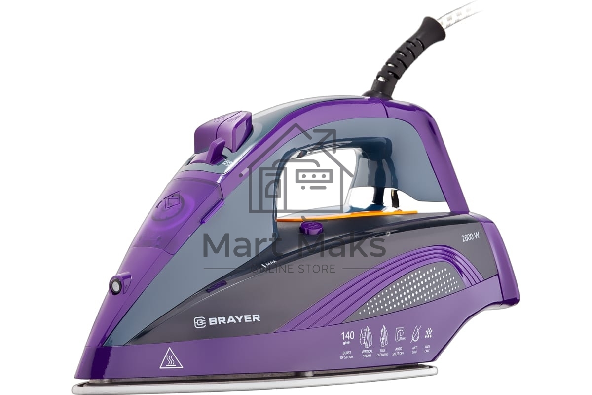 Утюг BRAYER, 2600 Вт, керамическое покрытие, автоотключение, Пар 140 г/м, One temp, антикапля, спрей, самоотчистка