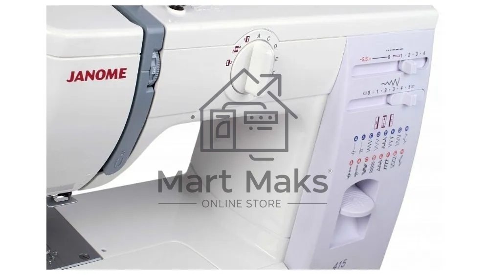 Швейная машина Janome 415 15 операций, вертикальный качающийся челнок, полуавтоматическое выполнение петли, автоматический нитевдеватель, регулировка длины стежка до 4 мм, ширины зигзага до 5 мм, регулятор натяжения верхней нити, рычаг обратного хода, лег