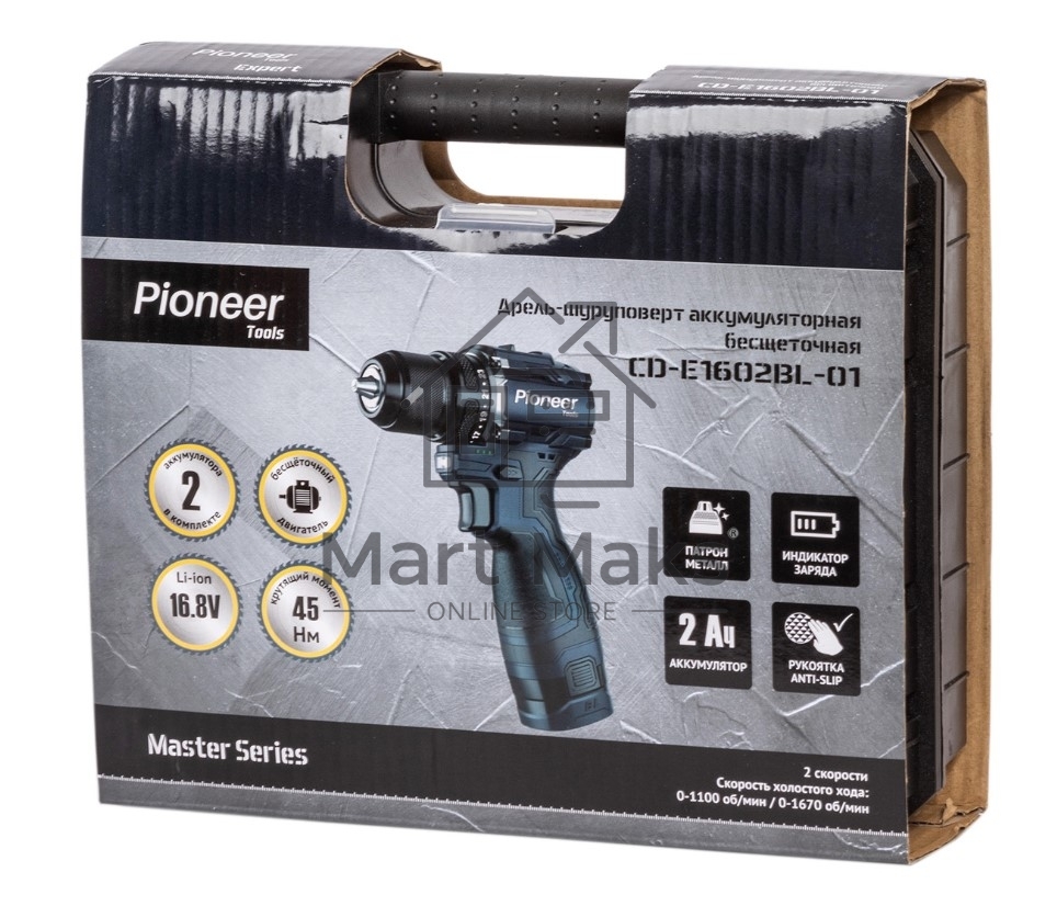 Дрель-шуруповерт Pioneer CD-E1602BL-01, Аккумуляторная, 16,8В, 2 АКБ, Кейс