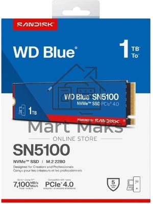 Накопитель SSD M.2 2280 1TB NVMe PCIE 4.0 x4 7100/6700 BLUE SN5100 WDS100T5B0E WDC