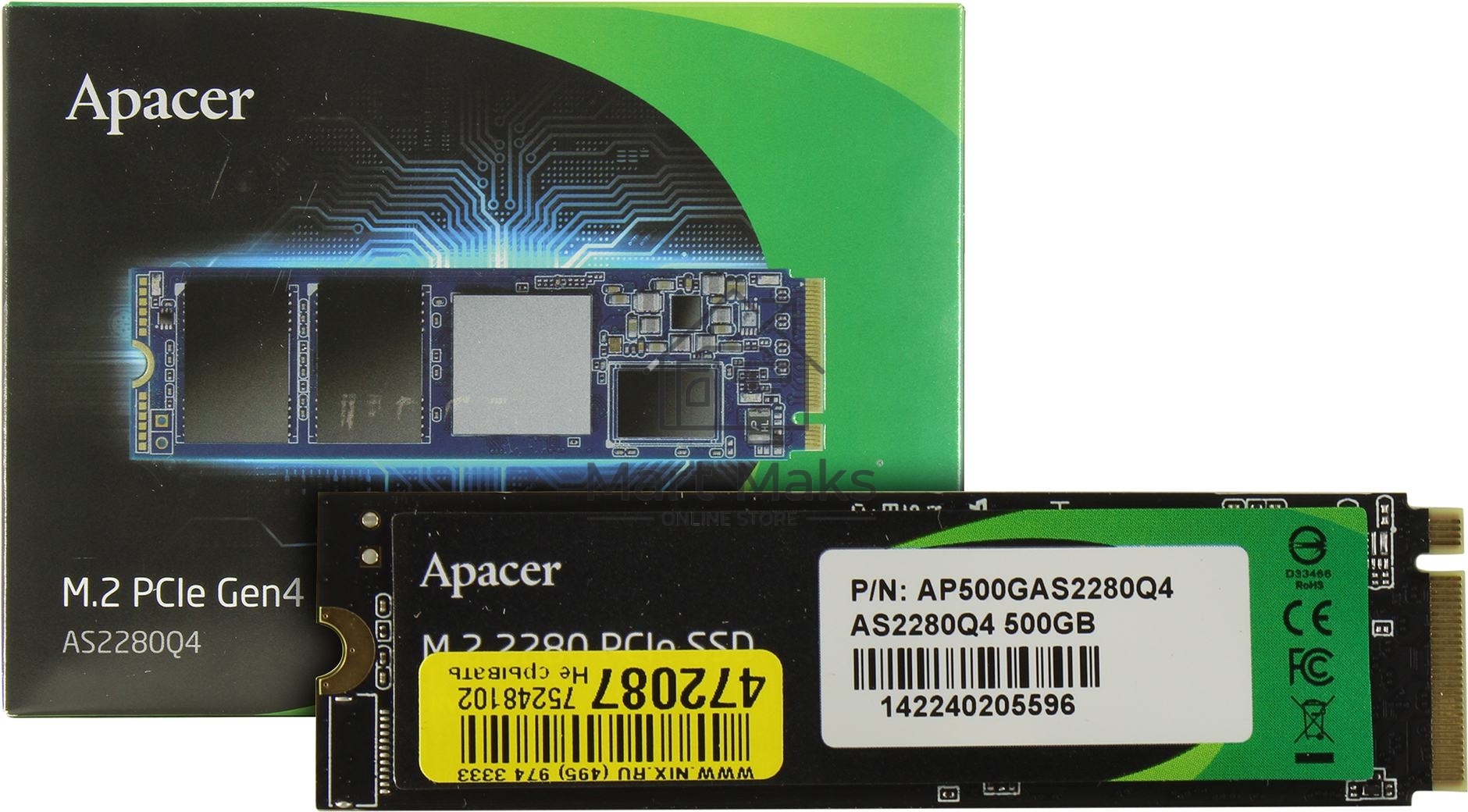 Накопитель SSD Apacer AS2280Q4, 500GB, PCIe 4.0 x4, M.2 2280, NVMe, R/W 4500/2500, с радиатором
