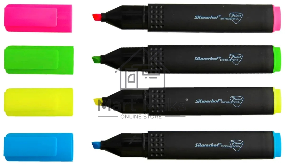 Набор текстовыделителей Silwerhof Prime+, скошенный пишущий наконечник, 1-4мм, 4 цвета, ассорти/голубой пакет с европодвесом (4шт.)