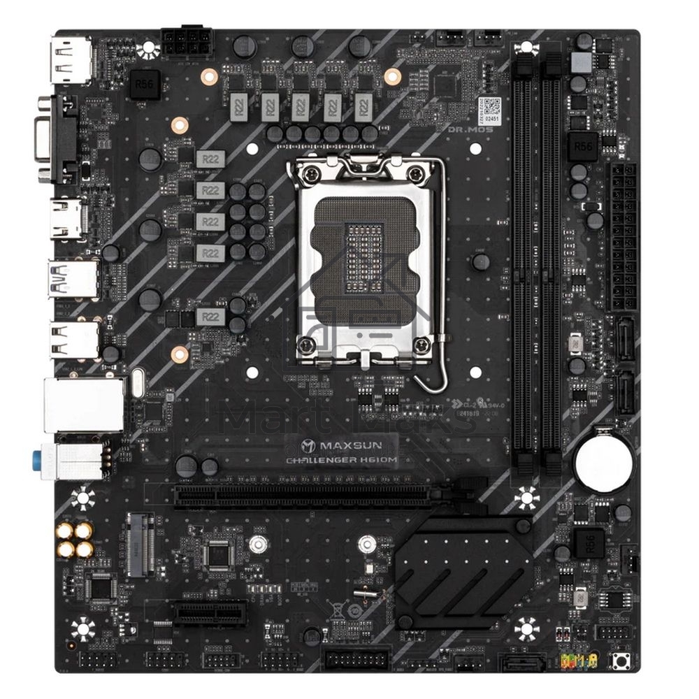 Материнская плата Maxsun Maxsun H610M, LGA 1700, Intel H610, 2xDDR4, 1xM.2, 3xSATA, 1xPCIe 4.0 x16, 1xPCIe x1, 1xHDMI, 1xDP, 1xVGA, 1x 1Gb LAN, 4xUSB 2.0, 2xUSB 3.2 Gen 1, 5.1, mATX