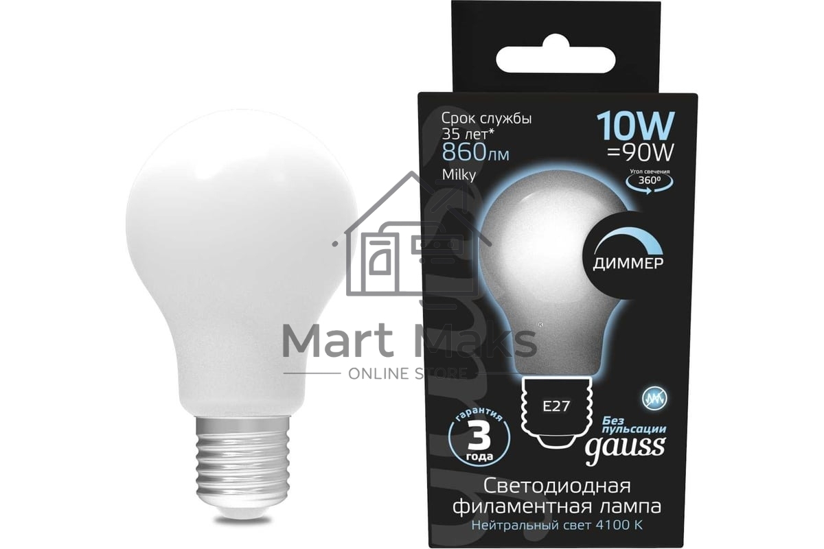 Лампа светодиодная GAUSS Filament A60 E27 10Вт 4100К OPAL диммир 102202210-D