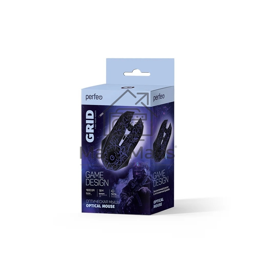 Мышь оптическая Perfeo GRID, 4 кн, USB, черный, GAME DESIGN, 7 цв. подсветка, 800-1600 DPI  PF_A4800
