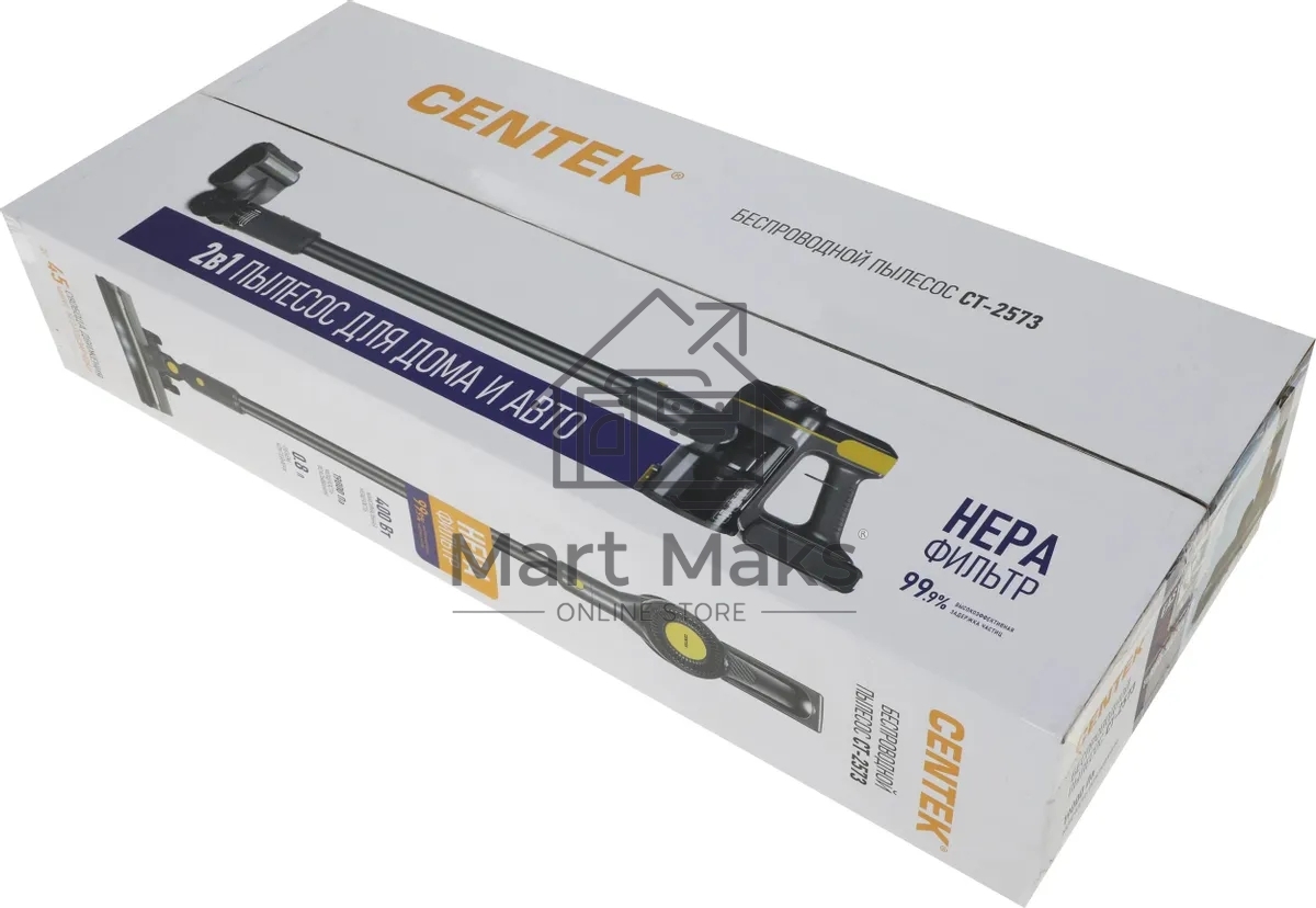 Пылесос вертикальный Centek CT-2573 черный/желтый, питание от аккумулятора, 215 Вт, уборка сухая, пылесборник 0.8 л, работа от АКБ max 45 мин