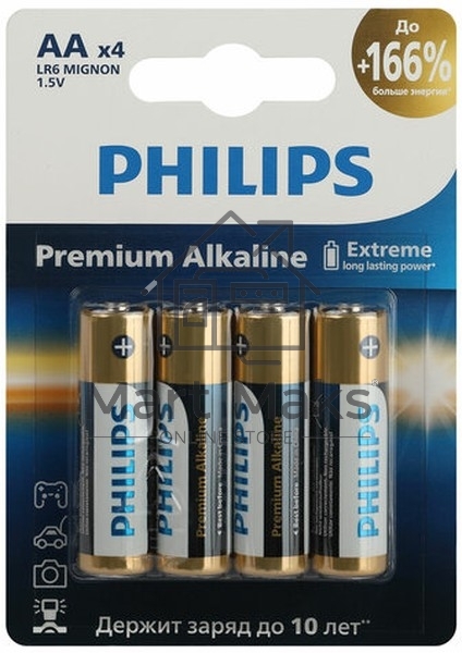 Элемент питания алкалиновый AA/LR6 1.5В Premium (блист. 4шт) Philips Б0062753