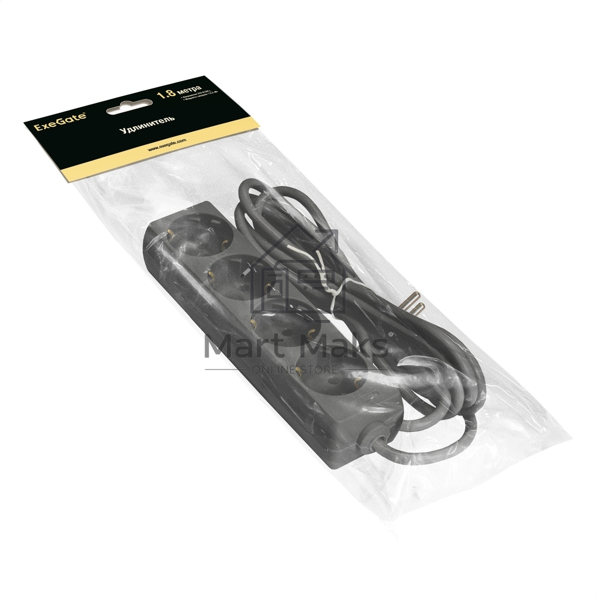 Удлинитель ExeGate ECE-4-1.8B (EX285810RUS), черный, 1.8 м, Евровилка с заземлением, 4 евророзетки с заземлением, 2200 Вт