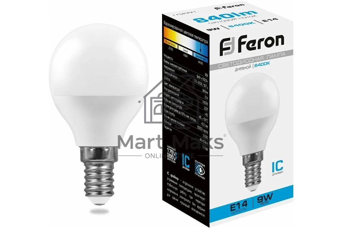 Лампа светодиодная FERON LB-550 (25803) 9W 230V E14 6400K G45