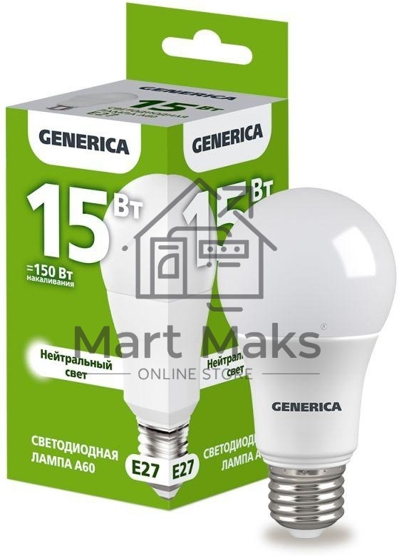 Лампа светодиодная A60 груша 15Вт 230В 4000К E27 GENERICA