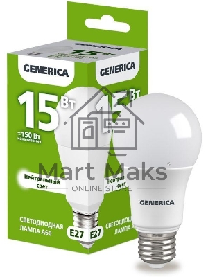 Лампа светодиодная A60 груша 15Вт 230В 4000К E27 GENERICA