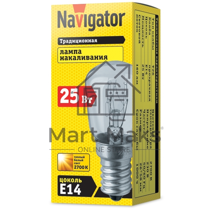 Лампа накаливания Navigator 61204 NI-T26-25-230-E14-CL
