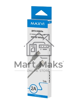Кабель Maxvi MC-20 white Type-C - Type-C, 2A ток макс. нагрузки 2А, макс. напряжение 5V, длина кабеля 1м, материал PVC, белый