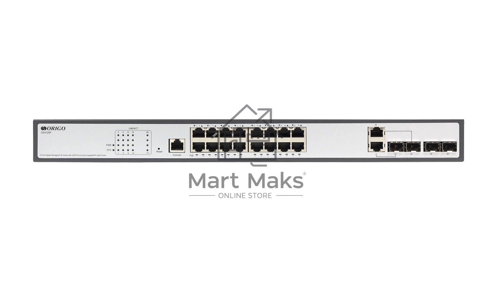 Коммутатор Managed L2 Switch 16x1000Base-T PoE, 2x1000Base-X SFP, 2xCombo 1000Base-T/SFP, PoE Budget 250W, RJ45 Console, 19