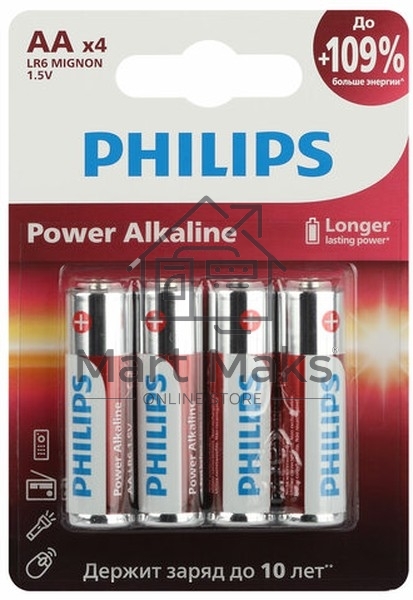 Элемент питания алкалиновый AA/LR6 1.5В Power (блист. 4шт) Philips Б0062746