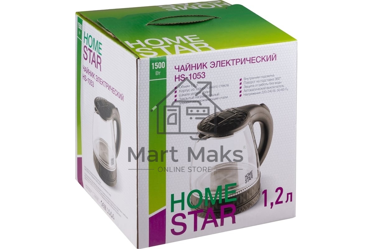 Чайник электрический Homestar HS-1053 1.2л. стекло, пластик, черный