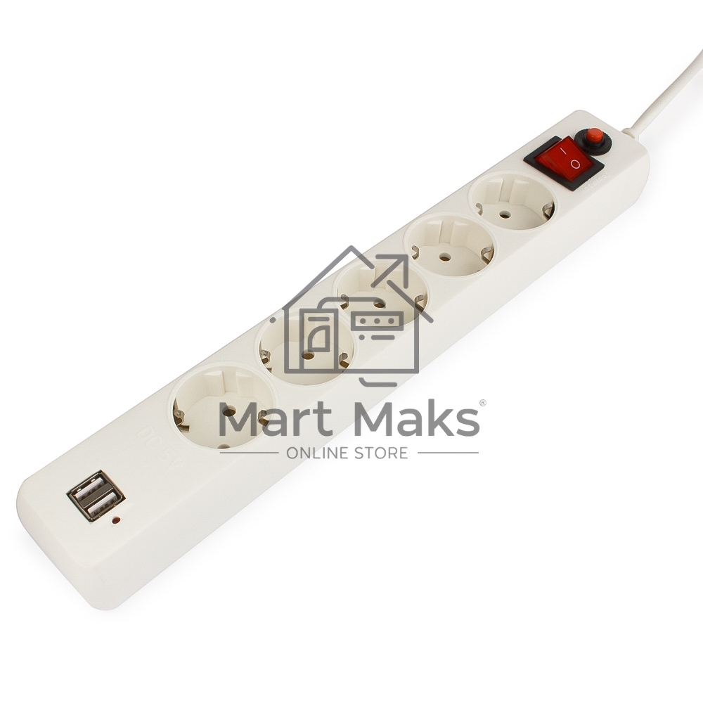 Сетевой фильтр Гарнизон 5р, 10А, 2xUSB, 1.8м, ур.защиты 4, белый, пакет