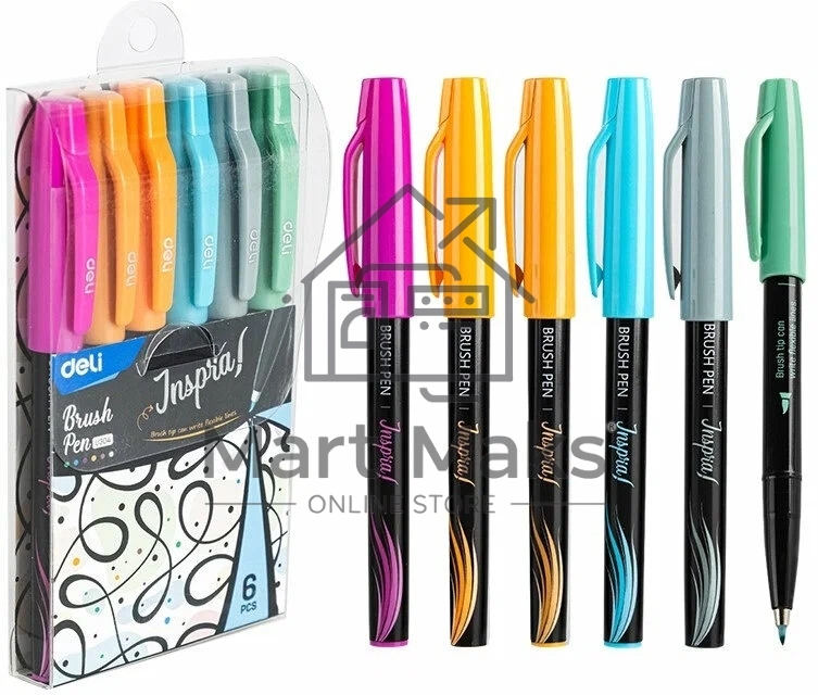 Набор ручек ручка-кисть Deli Inspira EU304 черн, ассорти чернила, блистер с европодвесом, 6 цветов, на водной основе