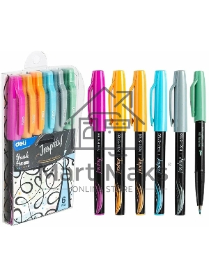 Набор ручек ручка-кисть Deli Inspira EU304 черн, ассорти чернила, блистер с европодвесом, 6 цветов, на водной основе Набор ручек ручка-кисть Deli Inspira EU304 черн, ассорти чернила, блистер с европодвесом, 6 цветов, на водной основе