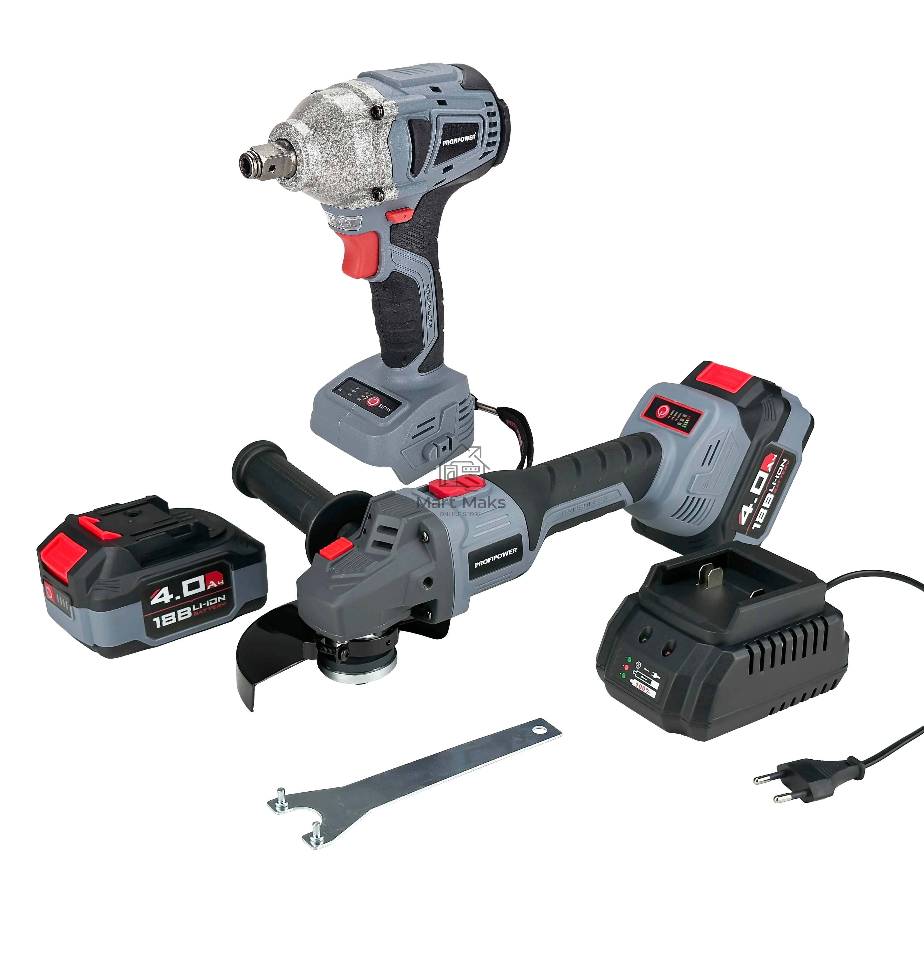 Аккумуляторный бесщеточный НАБОР 2в1 ProfiPower E0092: УШМ E0080 и гайковерт E0081 (Li-ion-2шт 18В, 4.0А·ч, З/У)