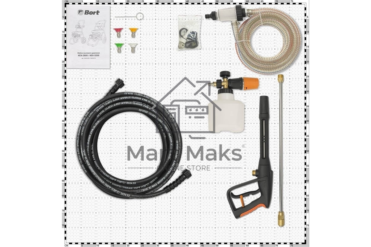 Мойка высокого давления Bort KEX-3200 2800 Вт, максимальное давление 90 бар, рабочее давление 70 бар, 20 л/мин, 47 кг, набор аксессуаров 10 шт