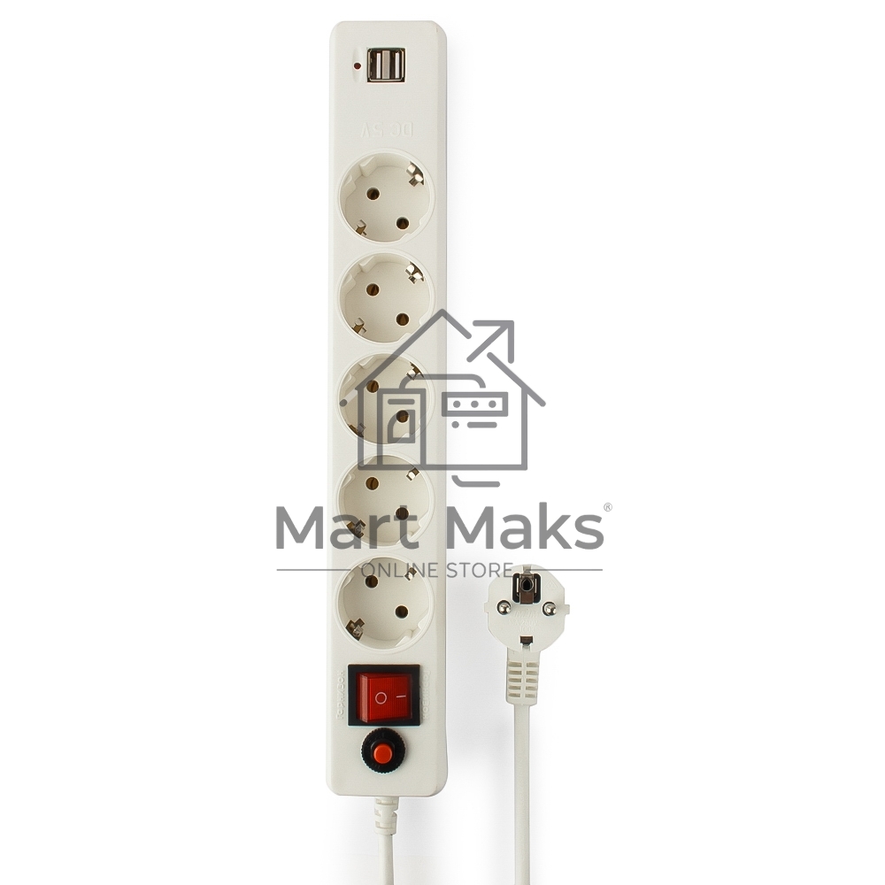 Сетевой фильтр Гарнизон 5р, 10А, 2xUSB, 1.8м, ур.защиты 4, белый, пакет