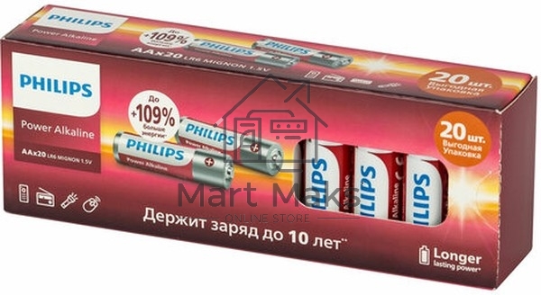 Элемент питания алкалиновый AA/LR6 1.5В Power (блист. 20шт) Philips Б0064673