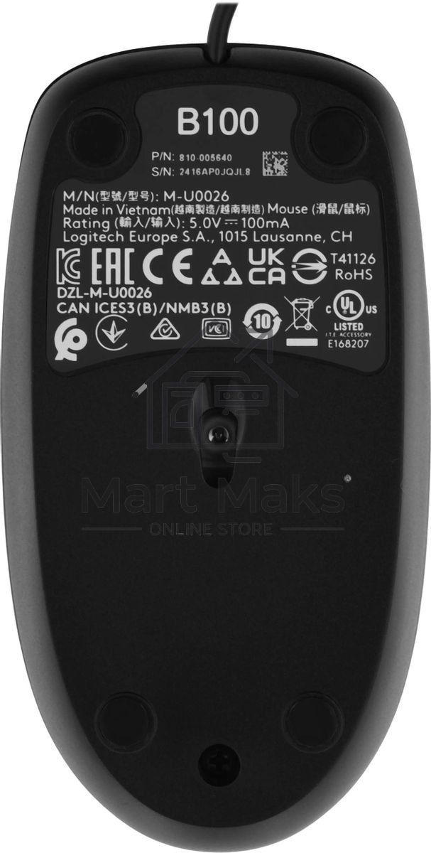 Мышь проводная Logitech B100 черный, 1000 dpi, USB, кнопки - 3