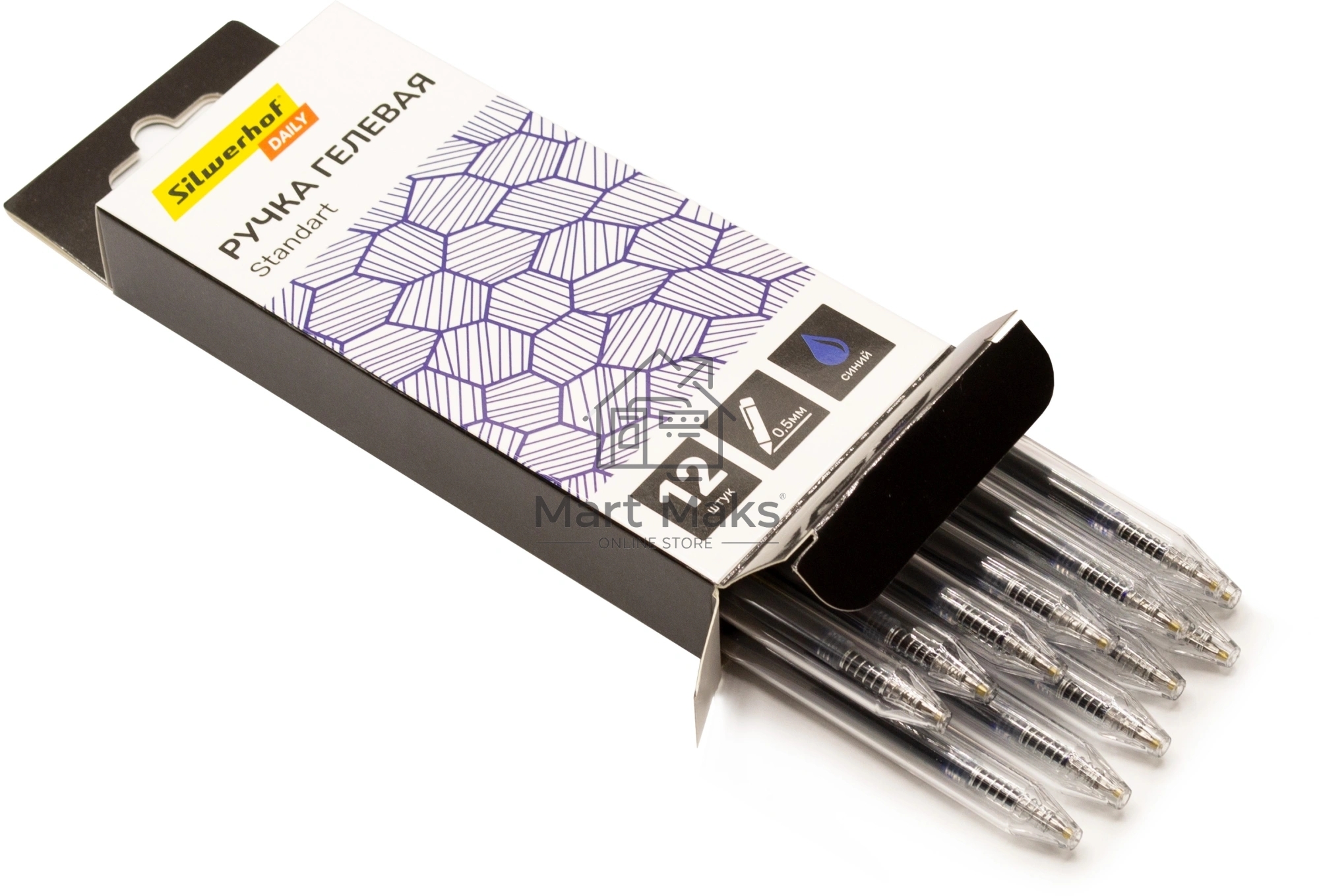 Набор ручек гелевых автоматическая Silwerhof Daily NG Standart, d=0.5мм, синие чернила, коробка картонная (12шт), линия 0.3мм