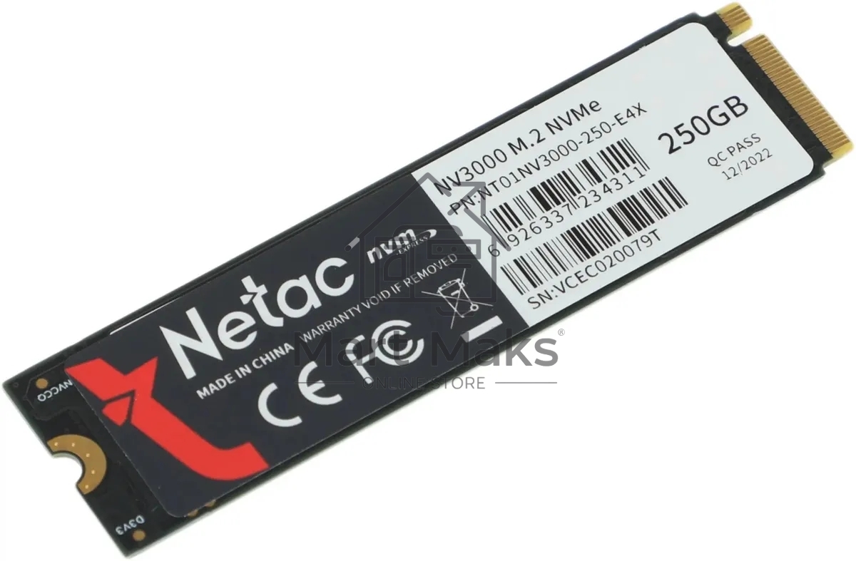 Накопитель SSD Netac NV3000, 250GB, PCIe 3.0 x4, M.2 2280, NVMe, R/W 3000/1400